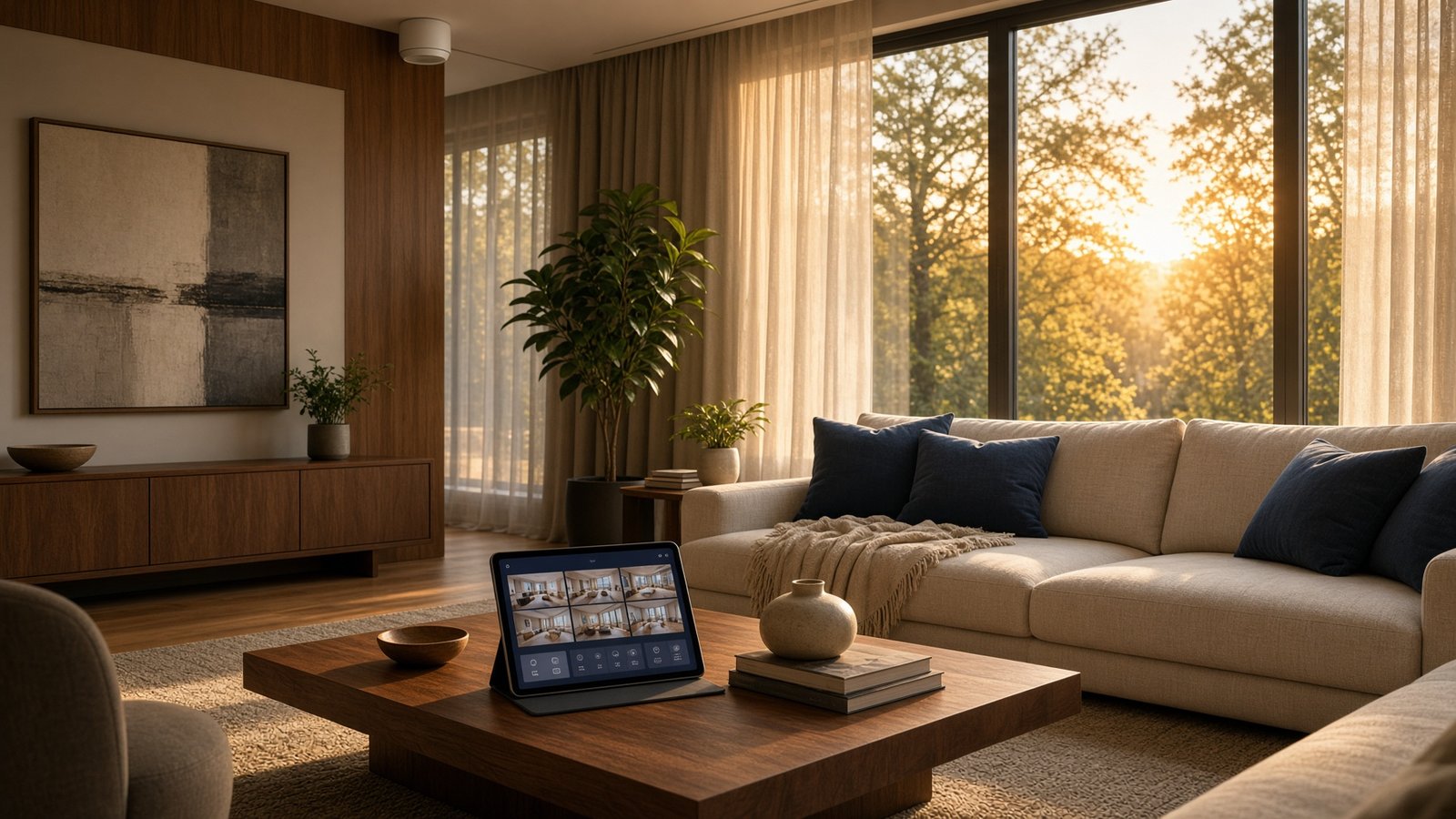 Modern living room prepared for a professional smart home camera setup